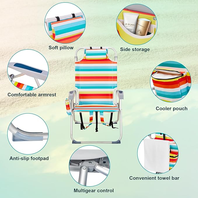 Lightweight Folding Beach Chair with Adjustable Back Cup Holder &amp Storage Pouch for Outdoor Activities
