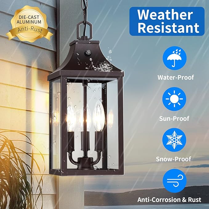 15.5'' Large Outdoor Pendant Light Fixtures 3-Light Dusk to Dawn Exterior Hanging Lantern Porch Light Adjustable Brown Hanging Lamp Farmhouse Exterior Chandelier Ceiling Mount for Entrance Patio