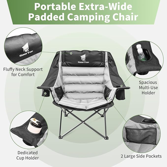 GEERTOP Oversized Padded Camping Chair for Adults with Removable Foot Rest Heavy Duty Extra Wide Compact Outdoor Folding Chair with Cup Holders 400lbs Capacity for Lawn Fishing Sports