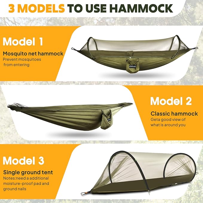 Chihee Ultra-Light Travel Camping Hammock Pop-up Net Hammock 660lbs Load CapacityBreathableQuick-Drying Parachute Nylon 2 Premium Carabiners2 Tree Slings Included for Outdoor Backpacking Hiking