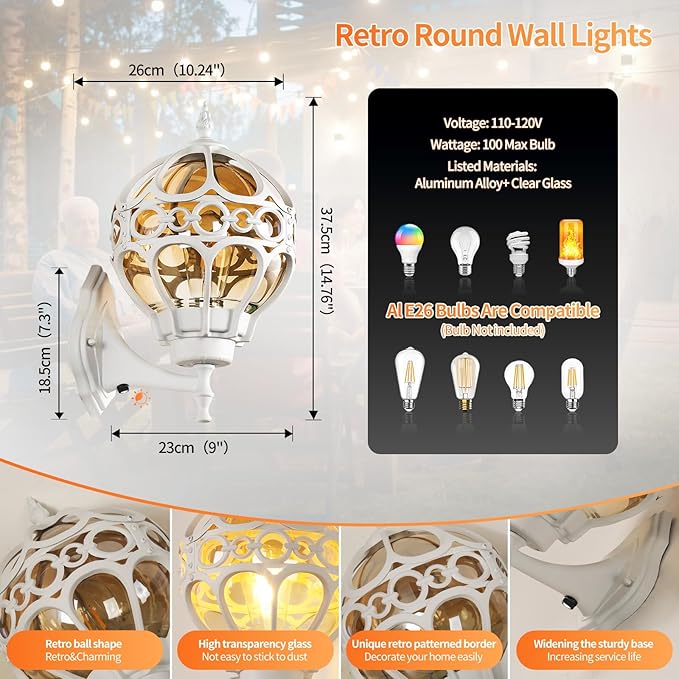 Globe Outdoor Wall Lights with Dusk to Dawn SensorWaterproof White Sphere Outside Wall Light Fixtures Anti-Rust Exterior Aluminum Round Porch Lights for Patio Porch Backyard GarageLarge