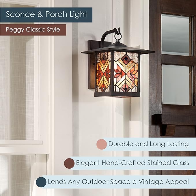 RIVER OF GOODS Stained Glass Outdoor Light Fixture - 11.75 H - Mission Style Porch Light - Peggy