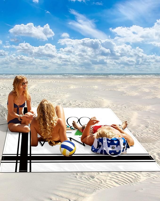 Beach Blanket Waterproof Sandproof Christmas Hello Winter Quotes Quick Drying Beach Mat with 4 Stakes White Black Modern Stripes Lightweight Picnic Blanket for Travel Camping Outdoor 118x108