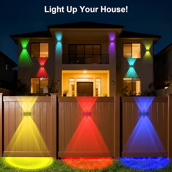 Solar Fence Lights Outdoor New Up Down Lighting Fence Lights Solar Powered with 8 Modes Warm White/RGB IP65 Waterproof Solar Wall Light for Backyard Wall Pathway Deck Patio Decor - 8 Pack