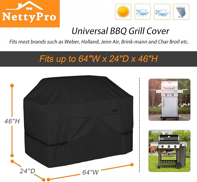 NettyPro Grill Cover for Outdoor Grill 64 inch Waterproof Heavy Duty Gas BBQ Cover for Outside Weber Char-Broil Brinkmann Jenn Air Nexgrill 3-4 Burners Barbecue Black