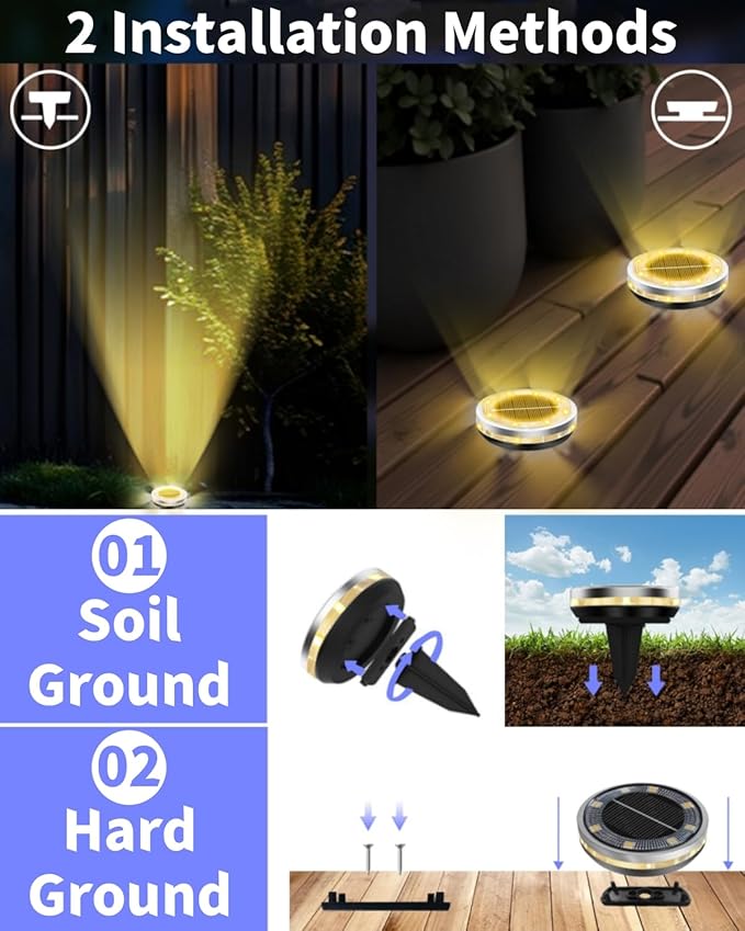 Solar Ground Lights Outdoor 12 Pack Waterproof Upgraded Solar Garden Lights with 4 Side Light Stainless Steel Solar Powered Disc Landscape Light for Walkway Pathway Lawn Yard Patio Deck-Warm White