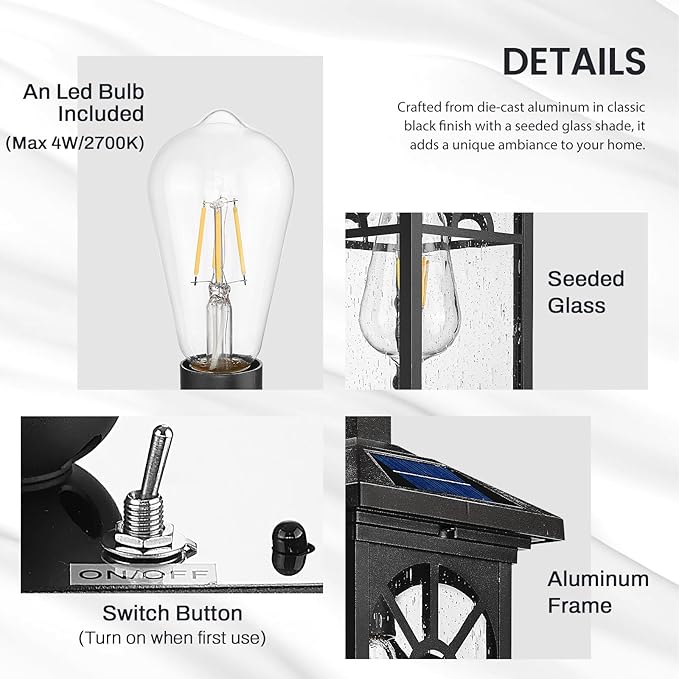 zeyu 15.8 Inch Solar Exterior Lighting Fixture Exterior Wall Light Fixture with Remote Die-Cast Aluminum with Seeded Glass Shade Black Finish ZYX112B SL BK