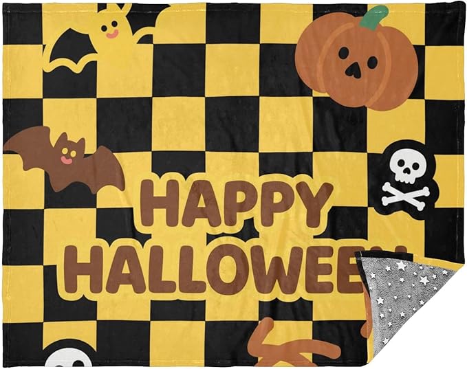 Happy Halloween Yellow Black Checkered Soft Cozy Couch Throws Large Cozy Blanket for Party Sofa Bed Living Room 50x70