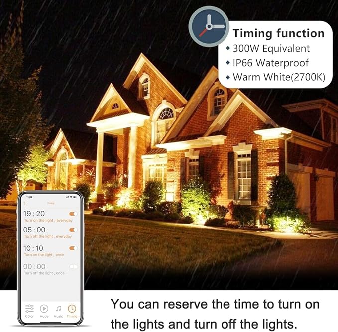 Led Flood Light 30W 300W Equivalent 3000 LM Outdoor Color Changing Led Stage Landscape Lights Bluetooth RGBW Smart Floodlights 2700K &amp 16 Million Colors&ampTiming&amp Music Sync IP66US 3-Plu