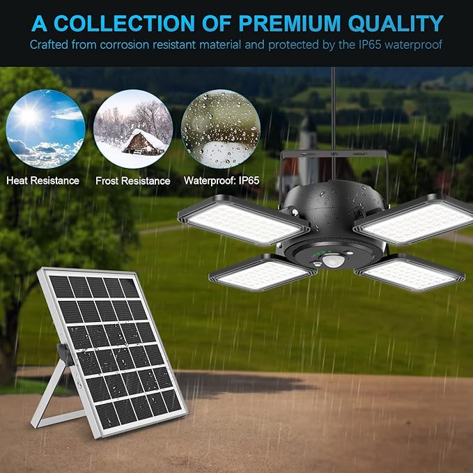 Solar Pendant Light Outdoor Indoor Solar Powered Motion Sensor Shed Light144LED 1200LM Daytime Work with 5 Lighting Modes Remote Control 4 Heads IP65 Waterproof for Garage Gazebo Barn