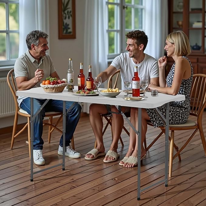 VEVOR Folding Table Heavy Duty Portable Fold-in-Half Utility Table Indoor Outdoor Plastic Rectangle Table with Built in Handle for Party Dining Wedding Events Picnic Camping 4 ft White