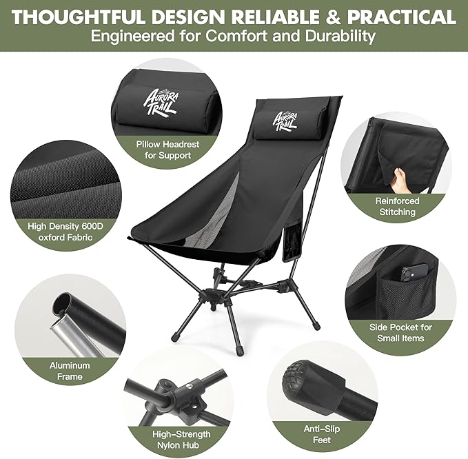 AuroraTrail High Back Folding Camping Chair with Pillow – Lightweight Portable Outdoor Chair with Cup Holder &amp Carry Bag Sturdy Aluminum Frame Supports up to 374 lb for Camping Hiking &amp Fest