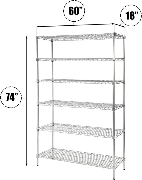 18 Deep x 60 Wide x 74 High 6 Tier Chrome Wire Shelving Kit | NSF Commercial Storage Rack Unit