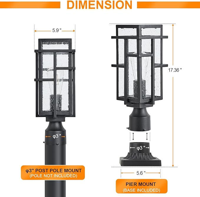 Outdoor Post Lighting Fixture with Pier Mount Base Aluminum Modern Exterior Pillar Lantern with Tough Seeded Glass Waterproof Matte Black Large Outside Pole Lamp for Garden Pathway Driveway