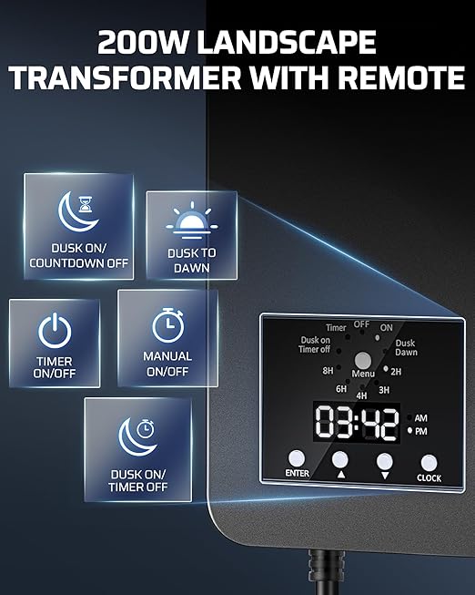 DEWENWILS 200W Low Voltage Landscape Transformer 120V AC to 15V DC Outdoor Landscape Lighting Transformer with Remote Photocell Sensor &amp Timer Weatherproof for Garden Spotlights Pathway Lights