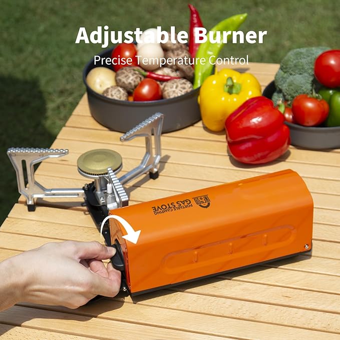 INFOOD Portable Butane Gas Camping Stove - 7500 BTU Compact Folding Design with Carry Bag for Backpacking RV Trips Picnic &amp Outdoor Indoor Cooking Orange