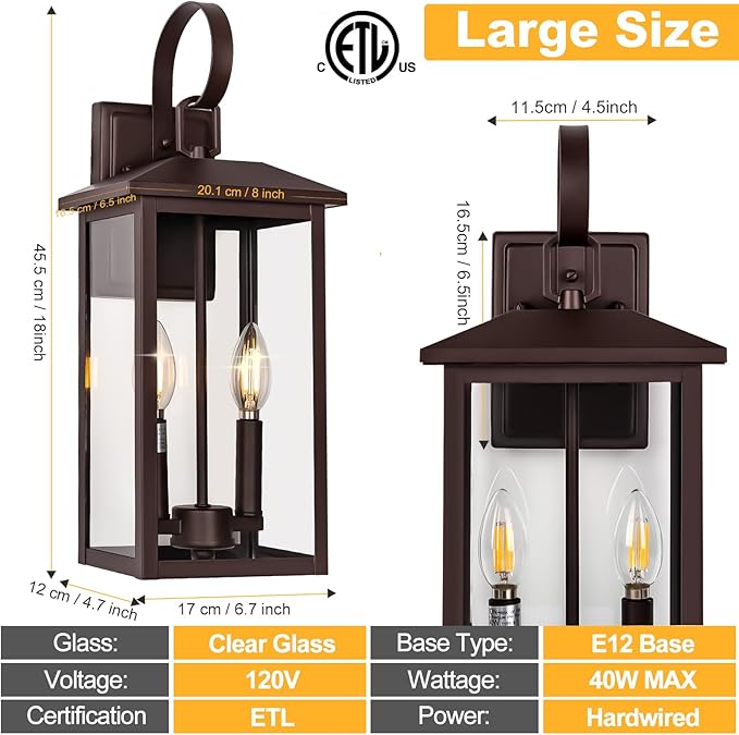 Bronze Large Porch Lights Outdoor 18 Exterior Wall Fixture with Clear Glass 2-Light E12 Socket Base Aluminum Outside Waterproof Wall Light Sconce for House Porch Patio Garage