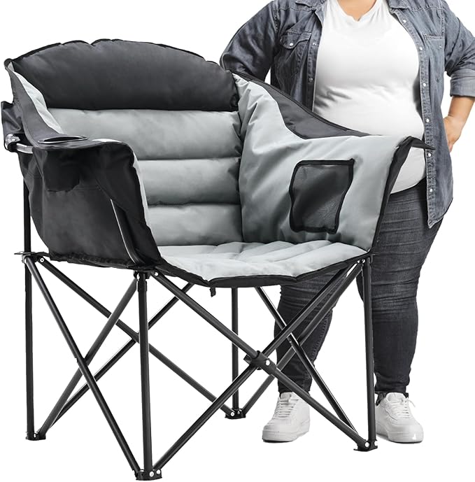 Slsy Oversized Camping Chair Portable Camp Chair Folding Chaise Lounge Chair Heavy Duty Foldable Moon Chair for Lawn Outdoor Picnic Lounge Patio(Black Gray)