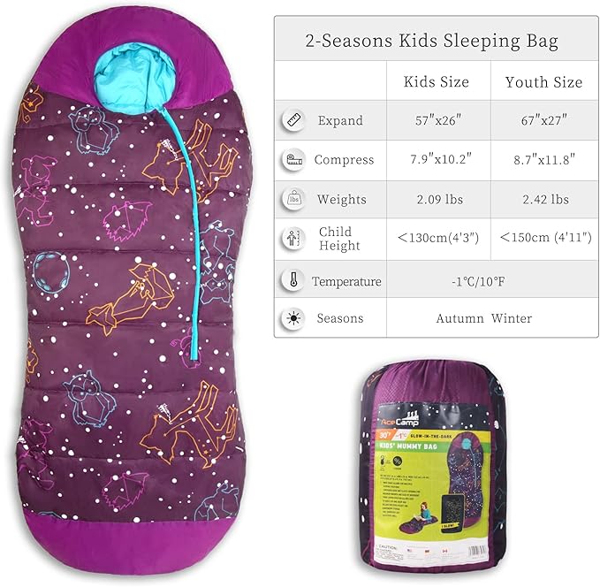 AceCamp Glow in The Dark Mummy Sleeping Bag for Kids and Youth Temperature Rating 30°F/-1°C Water-Resistant for Camping Hiking and Slumber Party