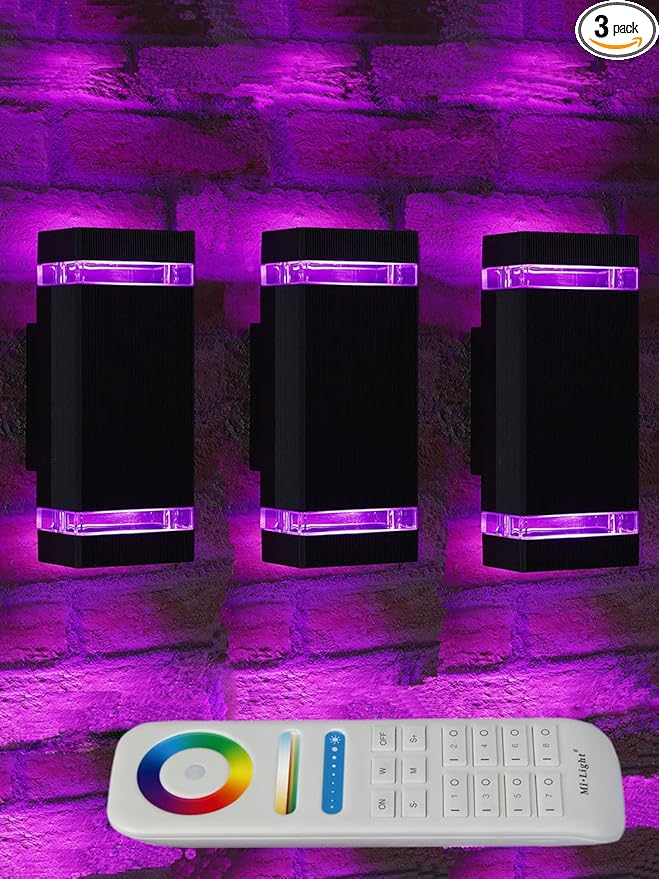 Up and Down Outdoor Wall Lights Mi.Light Remote Control Warm White 1000lm Color Changing RGB-CCT Outdoor Wall Light IP65Smart Light Bulb GU10 Exterior Fixture with ETL (3 Pack)