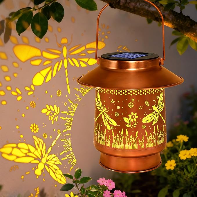 Dragonfly Solar Lanterns Outdoor Waterproof  Garden Decor Birthday Gifts for Women Mom GrandmaMetal Hanging Solar Lights Outside Decorative for Yard Patio Backyard Pathway Porch