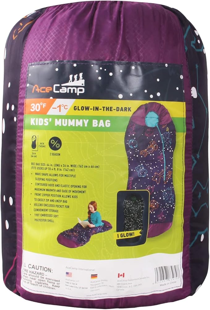 AceCamp Glow in The Dark Mummy Sleeping Bag for Kids and Youth Temperature Rating 30°F/-1°C Water-Resistant for Camping Hiking and Slumber Party