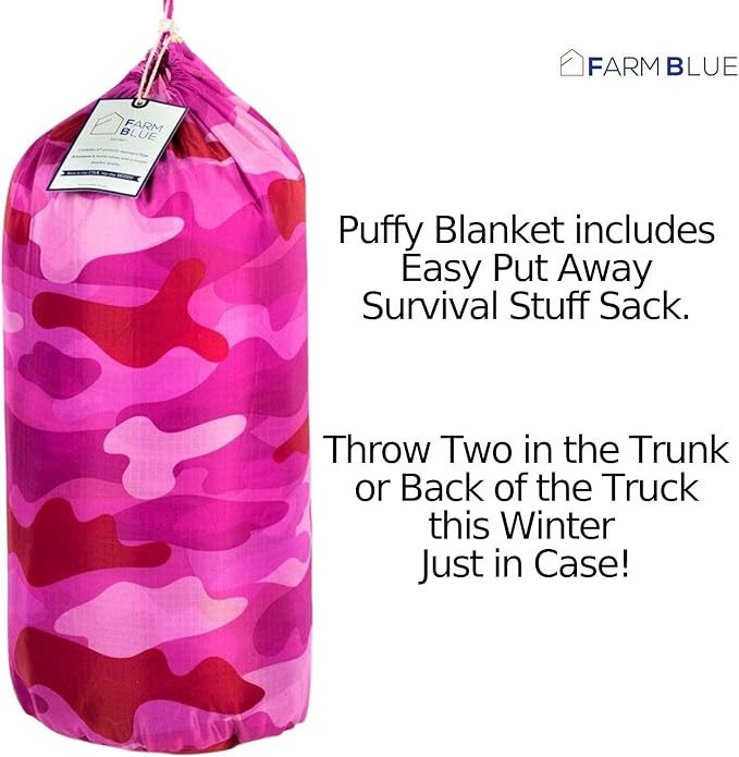 Farm Blue Pink Camo Military Camping Blanket - Woobie Blanket Poncho Liner - for Hiking Gear Backpacking and Car Survival Blankets - Unique New Pretty N Pink Custom Pattern Avail at