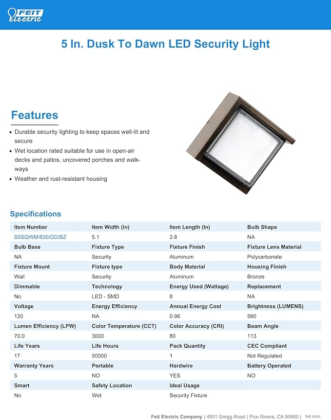 Feit Electric S5sqwm/830/Ddbz 7.5 Watt 500 Lumen 3000 Kelvin Bronze Dusk to Dawn Square Led Wall Light