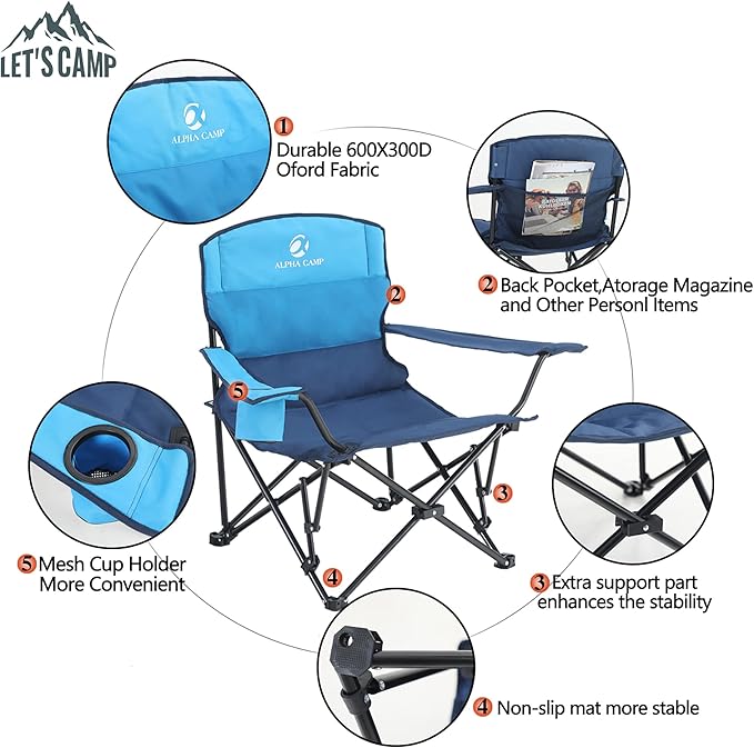 LET'S CAMP 2 Pack Folding Camping Chairs Low Chair Quad Portable with Cup Holder Steel Frame Collapsible 250LBS