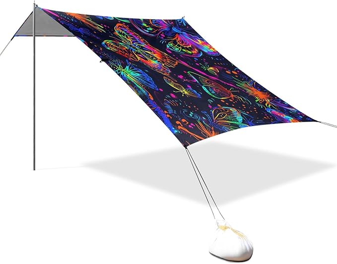 ALAZA Neon Line Butterfly Beach Tent Sun Shelter UPF50+ Protection Beach Shade Canopy w/ 4 Sandbags for Outdoor Camping Fishing Backyard Fun Picnic 10x9 ft