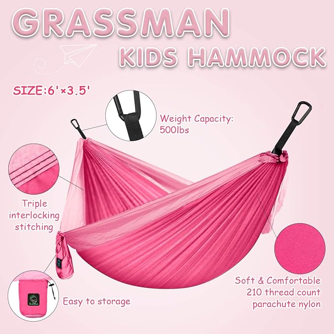 GRASSMAN Kids Hammock-Small Camping hammocks Portable Camping Gear for Child Indoor/Outdoor use with Tree Straps &amp Carabiners Pink