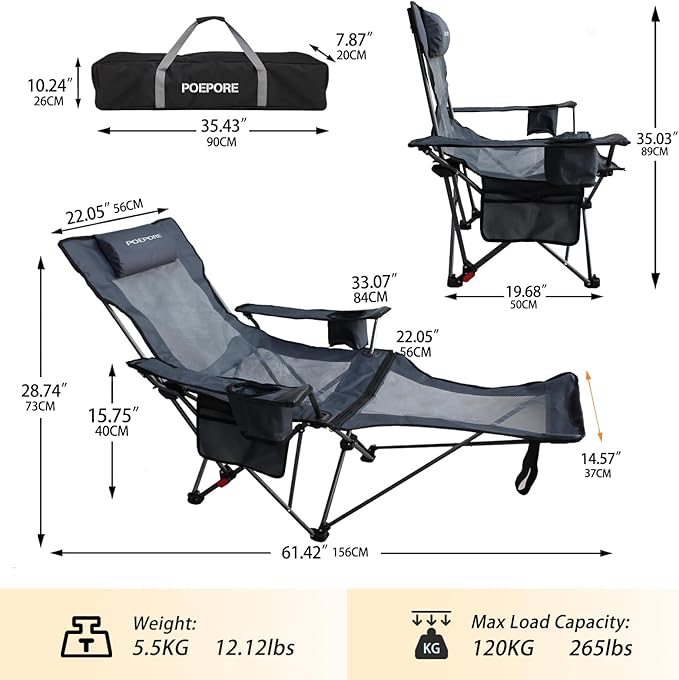 Reclining Camping Chair with Removable Footrest Lounge Chair with Headrest Cotton Cushion Portable Adjustable Folding Chairs