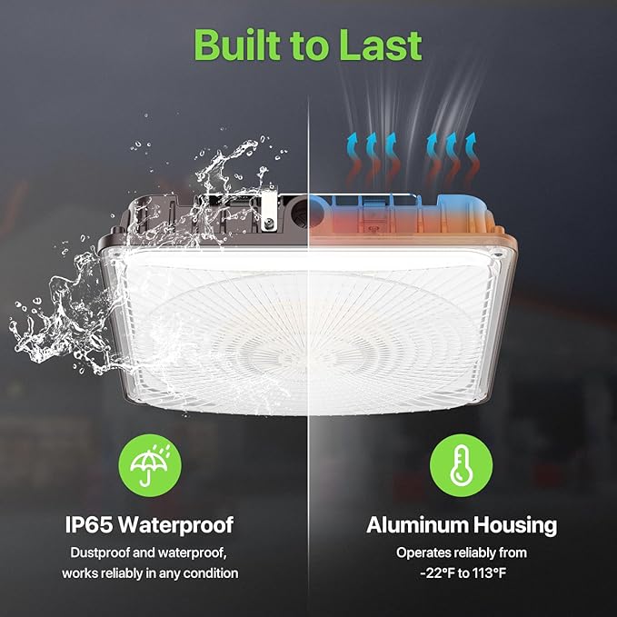 Glitgate LED Canopy Light Outdoor - 60W/45W/30W Adjustable Commercial Canopy Lights 3CCT Selectable 3000K/4000K/5000K 110/120V IP65 Waterproof Ceiling Mount Light for Garage Carport Gas Station