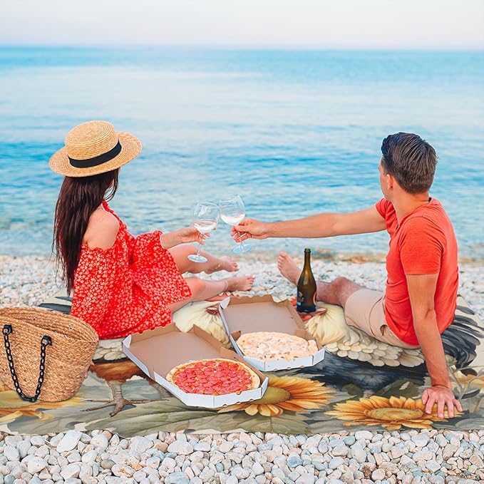Waterproof Sandproof Beach Blanket 59''×68'' Mother Hen Polyester Outdoor Picnic Blanket with 4 Stakes &amp Storage Bag for BeachCampingVacation Sunflowers