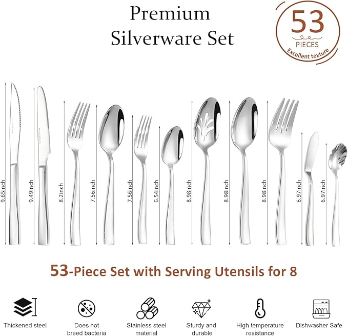 Lazycorner 53 Piece Silverware Set wiith Steak Knives and Serving Utensils 18/10 Stainless Steel Flatware Set Mirror Polished Eating Utensils Sets Silverwear Cutlery Set Dishwasher Safe