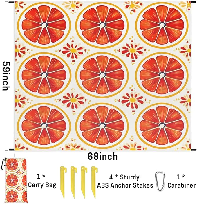 Waterproof Sandproof Beach Blanket 59''×68'' Citrus Flakes Polyester Outdoor Picnic Blanket with 4 Stakes &amp Storage Bag for BeachCampingVacation Red