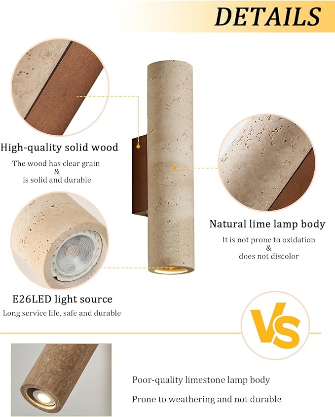 Outdoor Waterproof Wall Sconce 11 H Long Linear Natural Yellow Travertine Wall Lamp with Natural Stone Lampshade Wooden Base MCM Wall Sconce for House Patio Garage Entryway (Water Resistant)