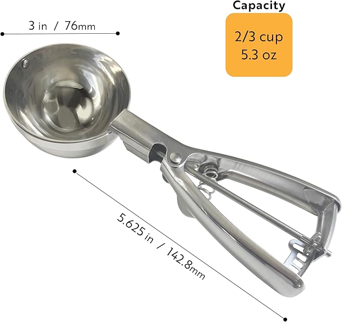 ProScoop Exterior Sweeper No Drips Multipurpose Scooper 2/3 cup capacity 100% Stainless Steel used for Baking and Cooking Comfortable Grip with Trigger Release.