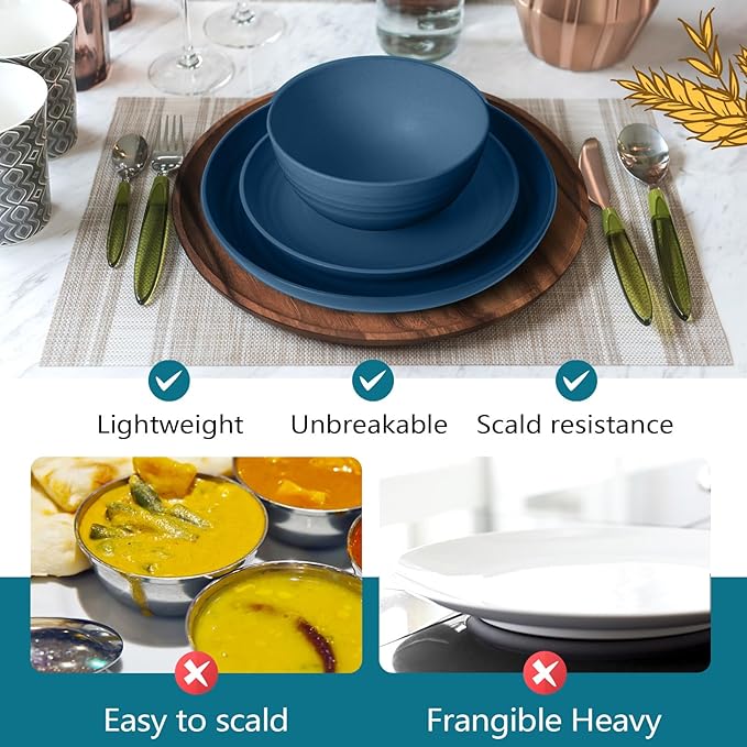 Teivio 32-Piece Kitchen Plastic Wheat Straw Dinnerware Set Service for 8 Dinner Plates Dessert Plate Cereal Bowls Cups Unbreakable Colorful Plastic Outdoor Camping Dishes Autumn Blue