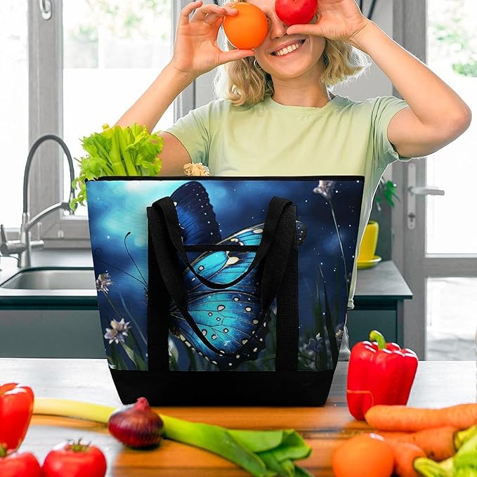Insulated Shopping BagLarge Reusable Cooler Bags Butterfly Night Printed Foldable Shopping BagTravel Waterproof Shoulder Bag