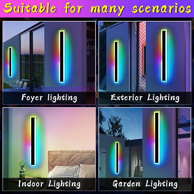 Widened 2 Pack Long RGB LED Wall Lights 39.3inch Modern Dimmable Outdoor Sconces 10 Colors Remote Control IP65 Waterproof Garage Wall Mount Lighting Fixtures for Entryway Yard Patio