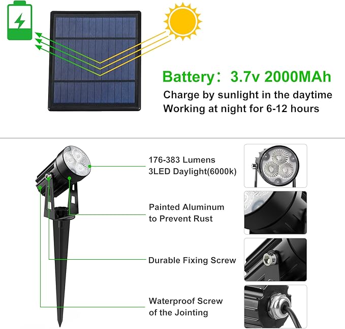 Solar Spot Lights Outdoor 3-in-1 Garden Spotlights IP65 Waterproof 9.8ft Cable 5W 4000mAh Separated Solar Panel Auto On/Off for Tree Patio Yard Driveway Pathway Pool(Cold White 6000K)