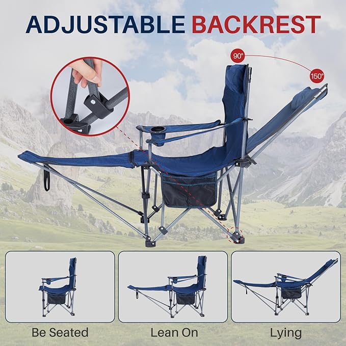 Folding Reclining Camping Chairs Footrest: 3 in 1 Portable Beach Lounge Chair Tanning Chairs with Backpack Lay Flat Lawn Chair Camping Furniture Camp Fishing Outdoor Carry Bag (Cloth Back Navy Blue)