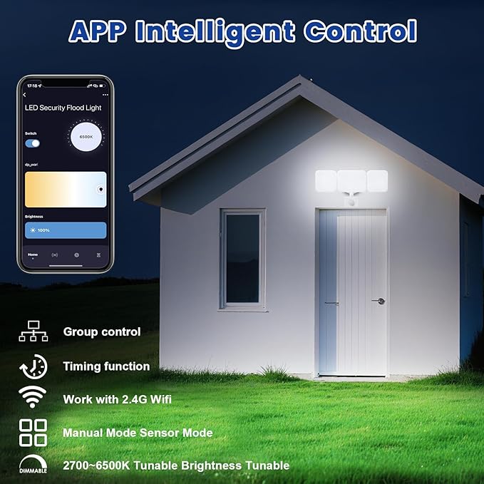 EMANER Smart Security Light Motion Sensor Compatible with Alexa/Google Home Warm White to Daylight White Brightness Adjust App Controlled WiFi Flood Light (White 1-Pack)