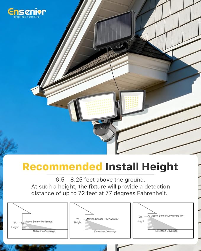 Ensenior 5 Motion Sensor Modes Solar Security Light 1800LM 270° Wide Angle 3 Heads LED Flood Lights IP65 Waterproof Wall Lights Separate Solar Panel Remote Control Solar Lights Outdoor