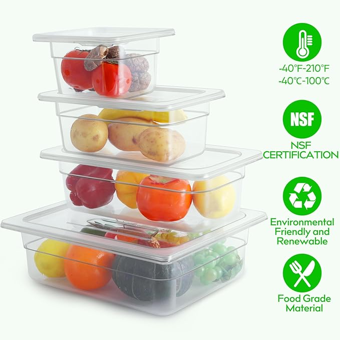 6 Pack 1/6 Size 6'' Deep Clear Food Pans with Lids Commercial Food Pans Polycarbonate Transparent Food Storage Containers Stackable Plastic Pan with Capacity Scale Restaurant Supplies Hotel Pan