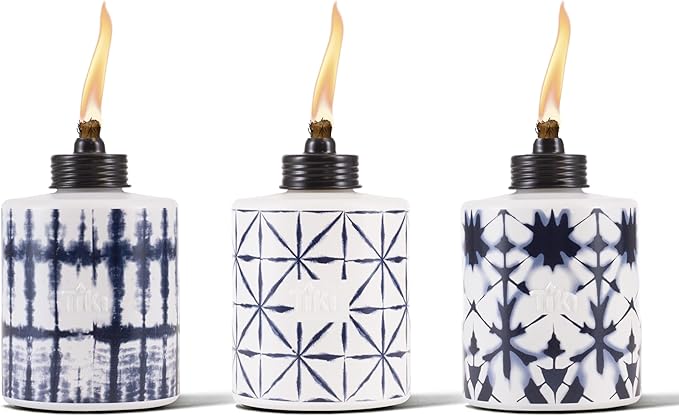 TIKI Glass Tie-Dye Tabletop Torches 3-Pack – Decorative Outdoor TIKI Torches for Patio Backyard &amp Garden – Portable Tabletop Citronella Torches for Outdoor Lighting – Blue 5.75-Inch