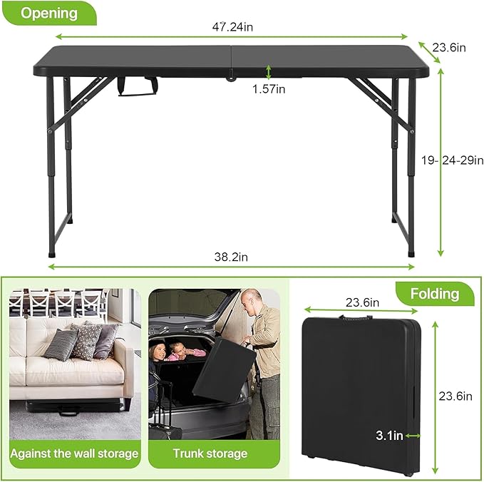 4Ft Foldable Table Adjustable Height with Built-in Handle 4 Foot Heavy Duty Portable Folding Table with Steel Legs for Indoor Outdoor Camping Parties Wedding Picnic Catering (4ft Black)