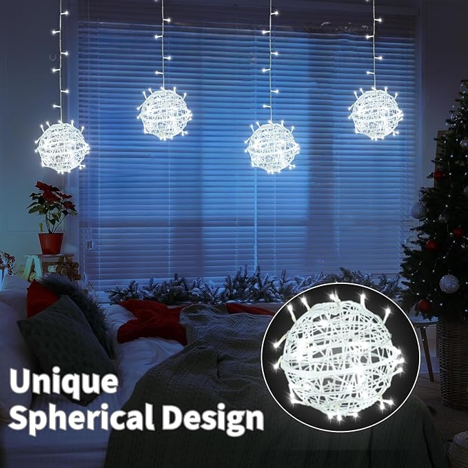 Outdoor Christmas Balls Lights 4 Pack Hanging 7.9 LED Garden Sphere Tree Lights 8 Modes Waterproof Glow Globe Light with Memory Timer Plug for Yard Porch Eave Patio Home Bedroom Decoration-Cool White