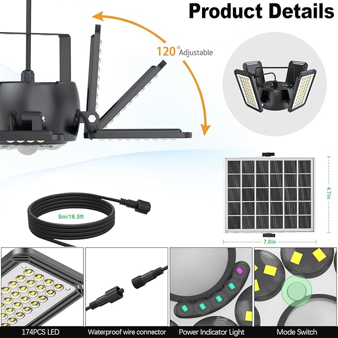 Solar Shed Light Outdoor Indoor Upgrade 1200LM 174LED 4 and 1 Heads Motion Sensor Pendant Light Daytime Work Light with 5 Lighting Modes Remote Control IP65 Waterproof for Barn Gazebo Shop 2 Pack